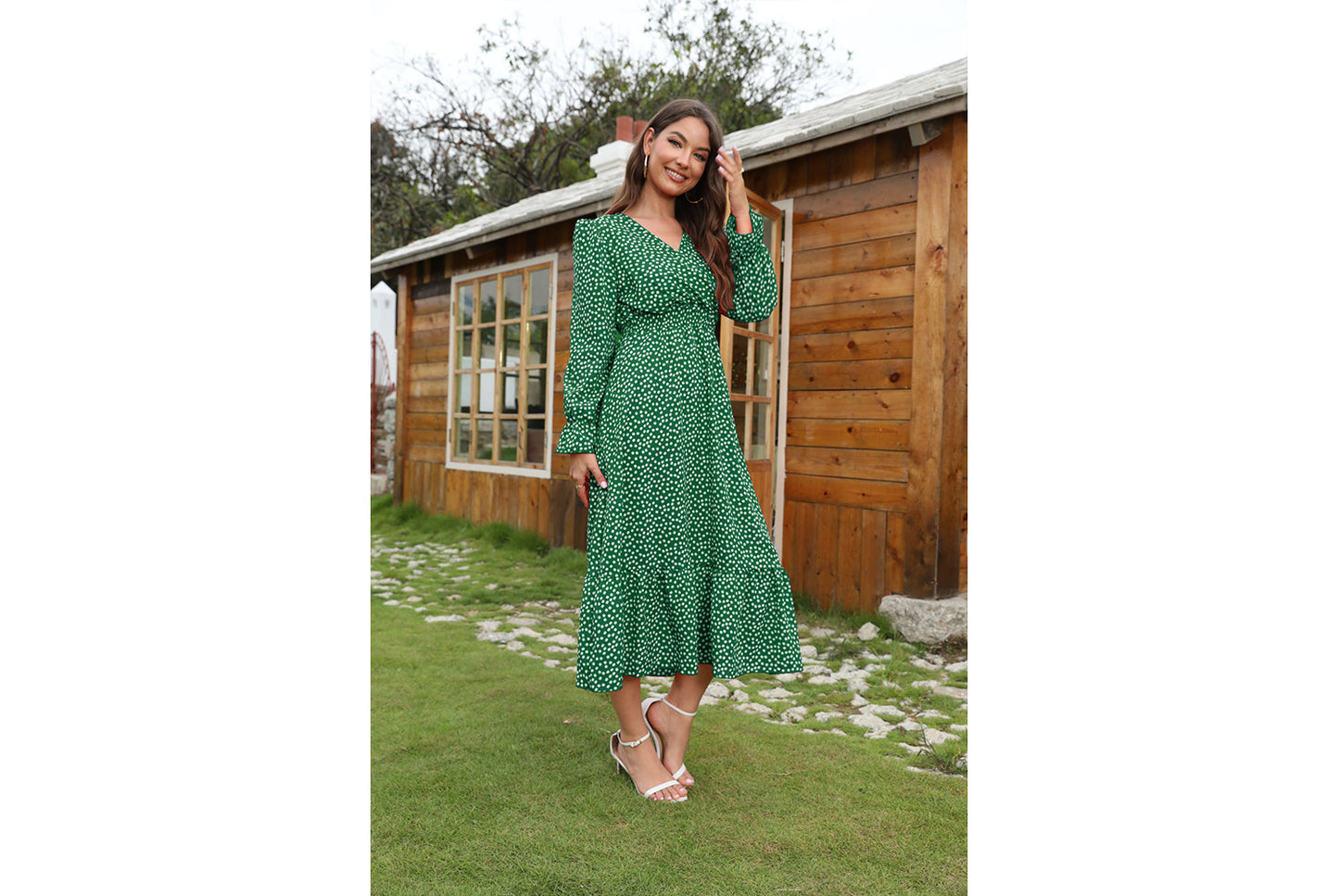 **Polka Dot Print Elegant V-Neck Resort Dress**
