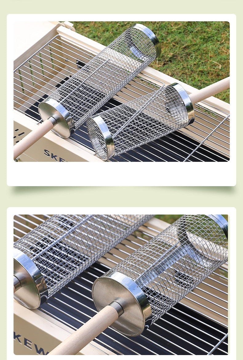 Wooden Handle Round Rolling BBQ Cage