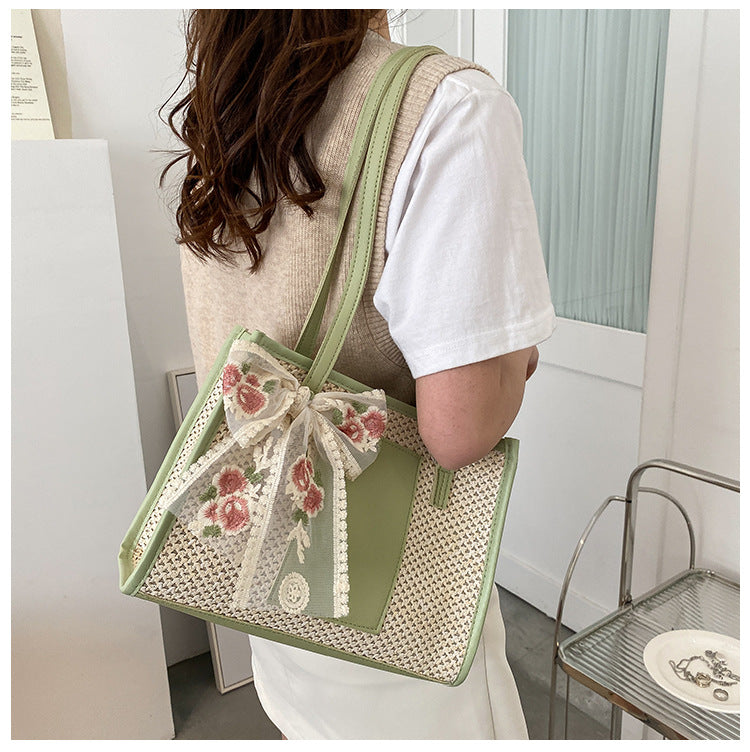 # Stylish Color-Blocked Straw Tote Shoulder Bag