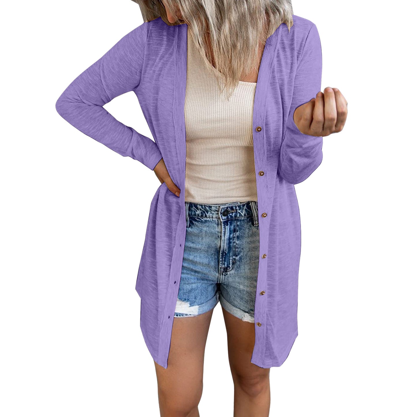 # Women's Solid Color Long-Sleeved Cardigan/Outerwear