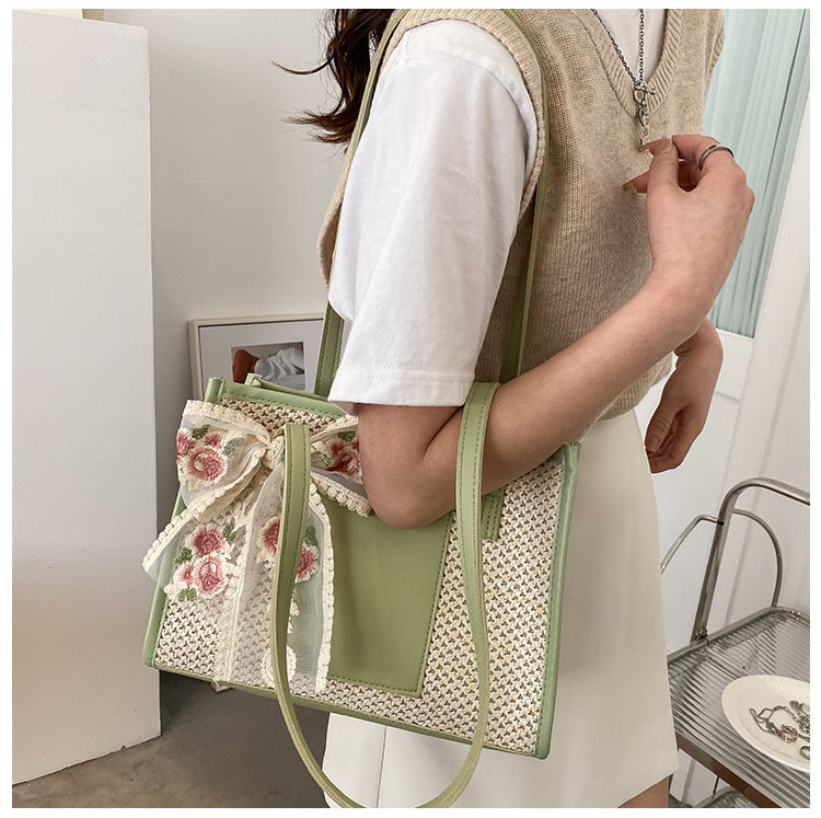 # Stylish Color-Blocked Straw Tote Shoulder Bag
