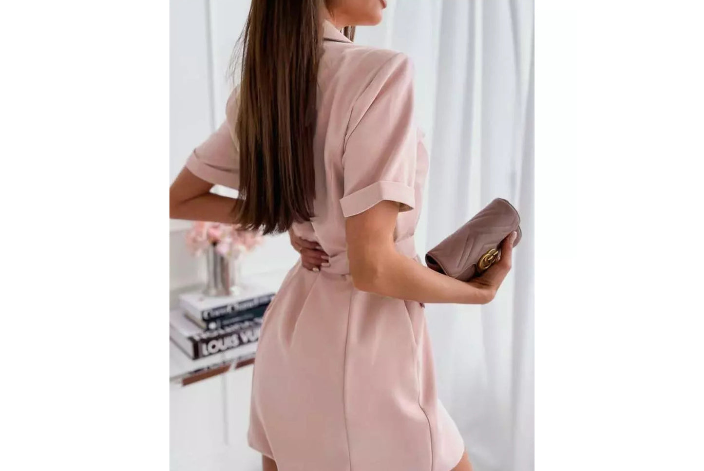 **Double-Breasted Dress with Short Sleeves and a Tailor Collar for a Fitted Waist**