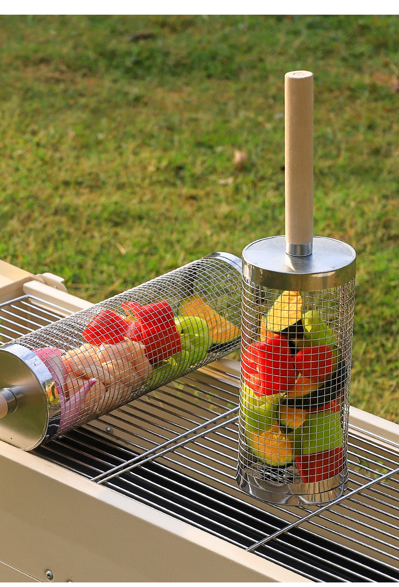 Wooden Handle Round Rolling BBQ Cage