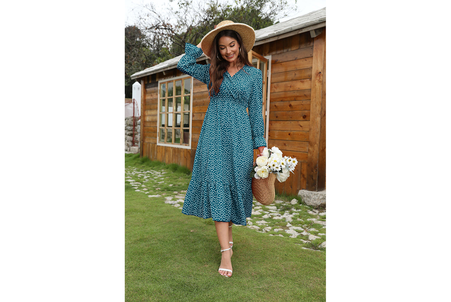 **Polka Dot Print Elegant V-Neck Resort Dress**