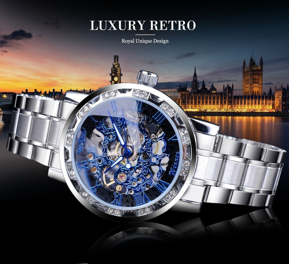 Stylish Casual Skeletonized Rhinestone Men's Mechanical Watch