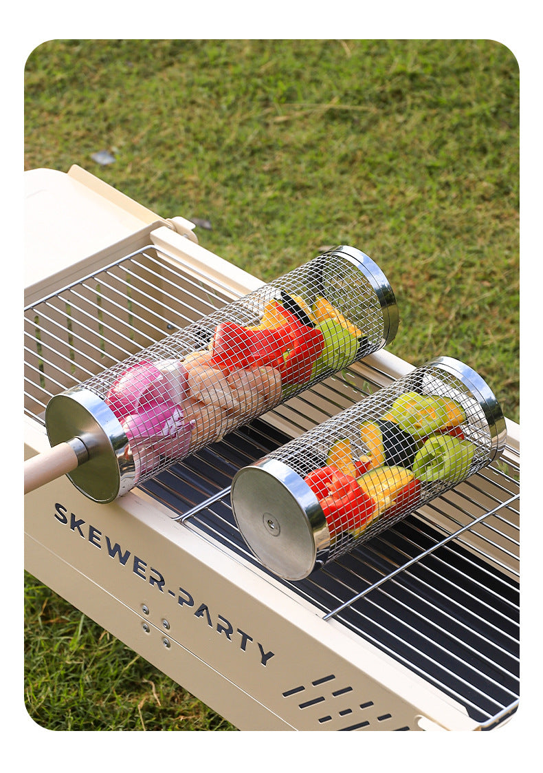 Wooden Handle Round Rolling BBQ Cage