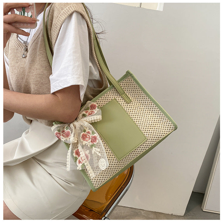 # Stylish Color-Blocked Straw Tote Shoulder Bag