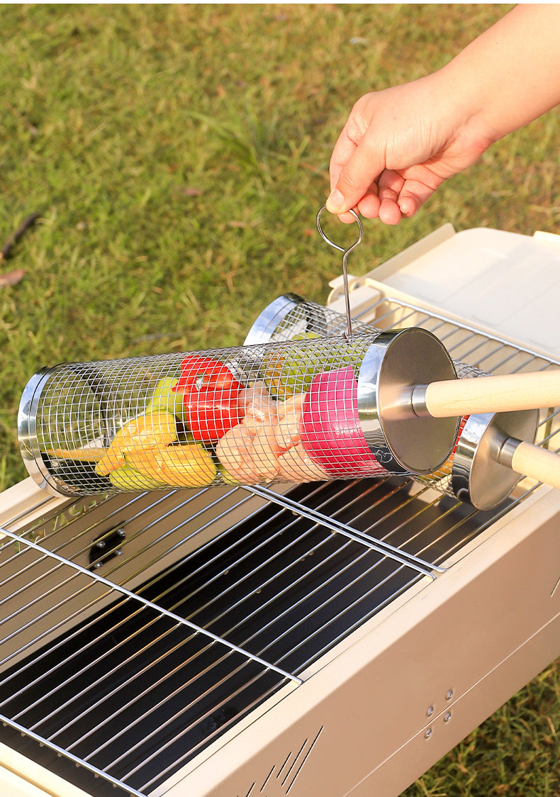 Wooden Handle Round Rolling BBQ Cage