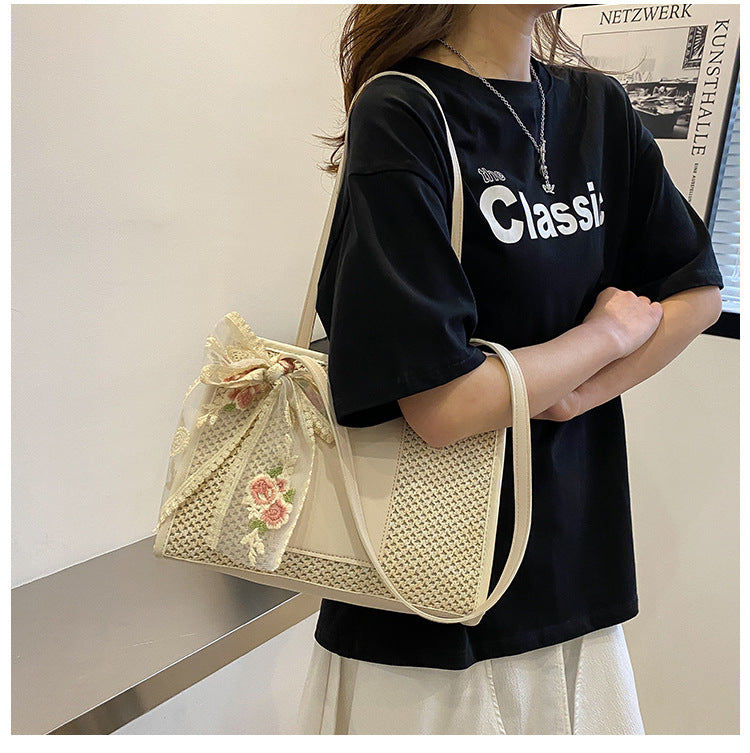 # Stylish Color-Blocked Straw Tote Shoulder Bag