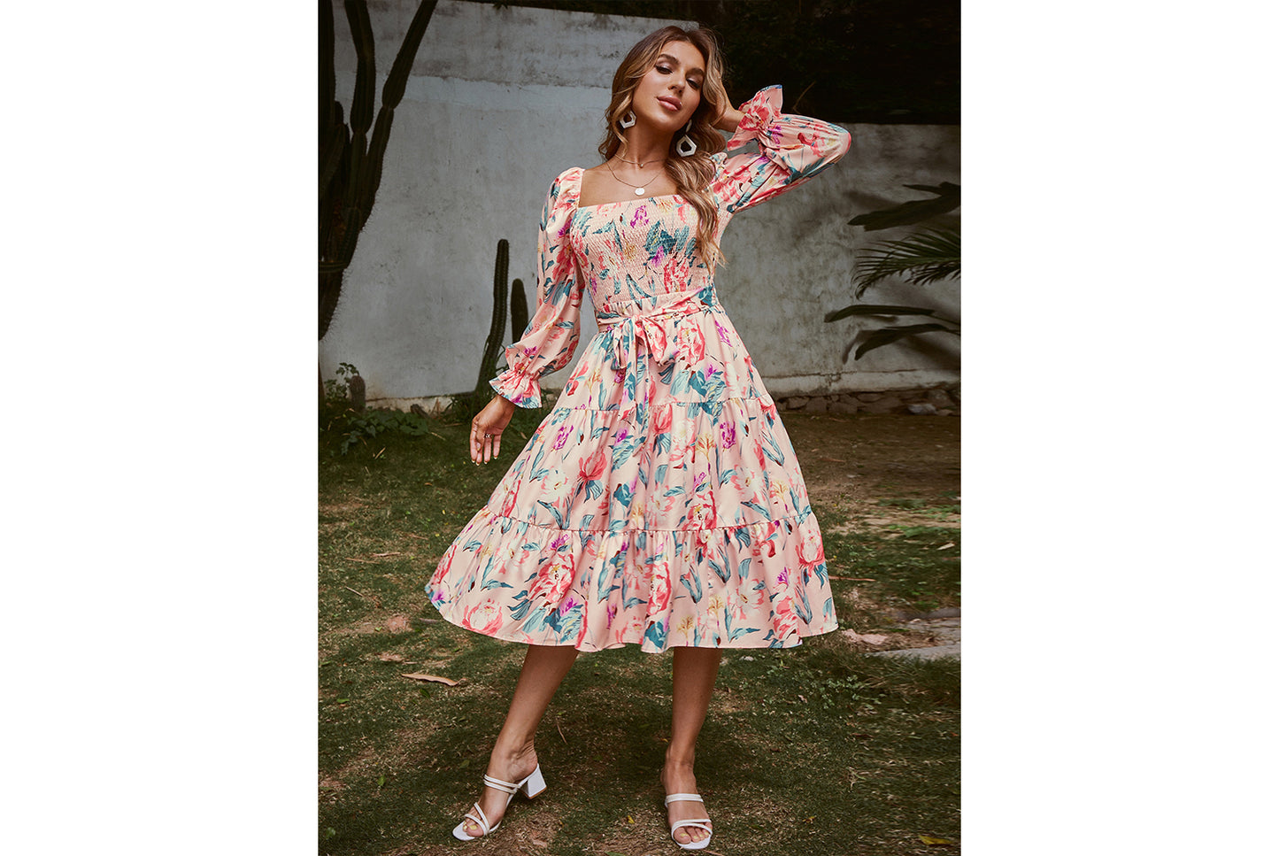 **Flare Long Sleeve High-Waisted Loose-Fit Maxi Dress**