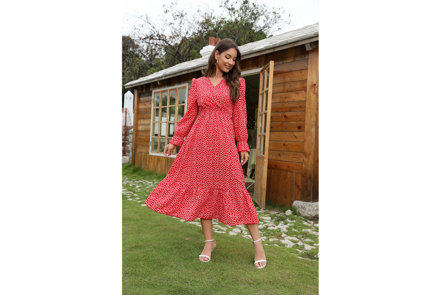 **Polka Dot Print Elegant V-Neck Resort Dress**