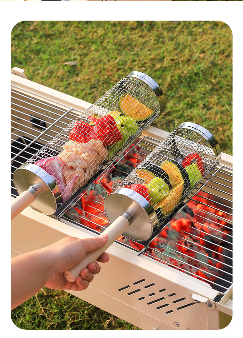 Wooden Handle Round Rolling BBQ Cage