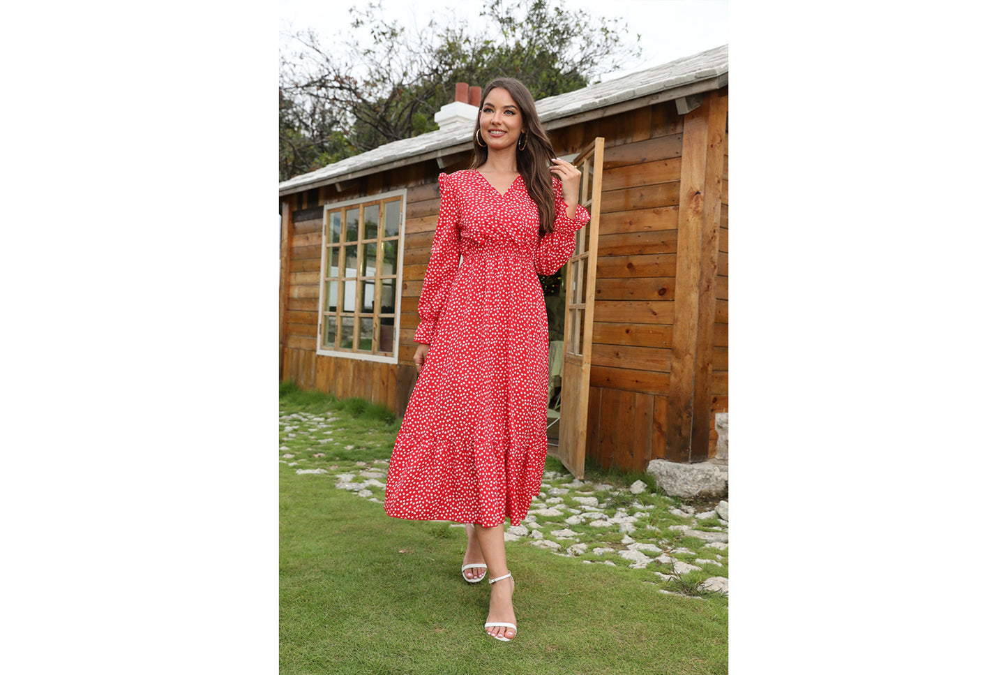 **Polka Dot Print Elegant V-Neck Resort Dress**