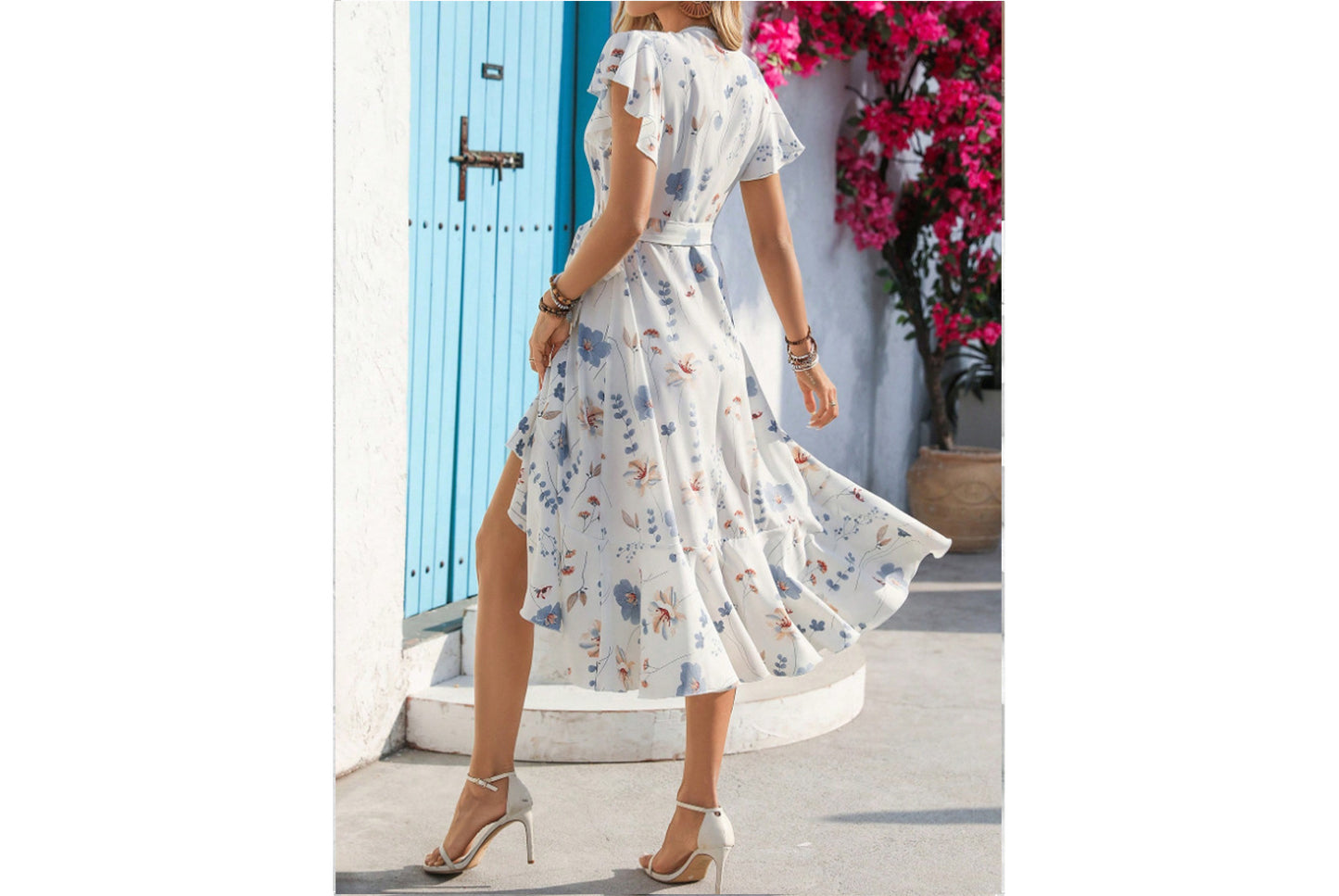 **Printed Ruffle Short-Sleeve Tie-Dress**