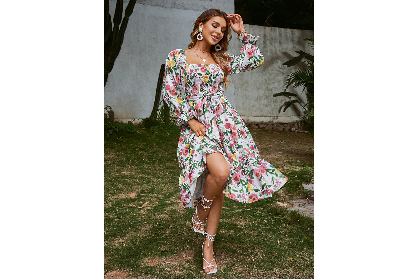 **Flare Long Sleeve High-Waisted Loose-Fit Maxi Dress**