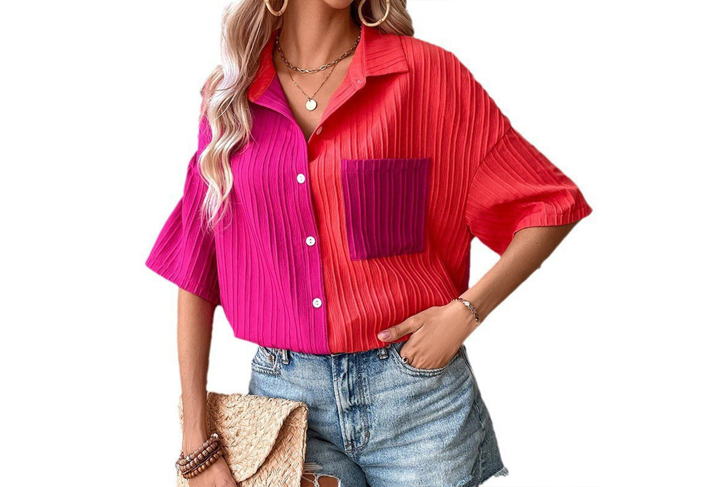 **Patchwork Short-Sleeve Casual Women's Shirt**