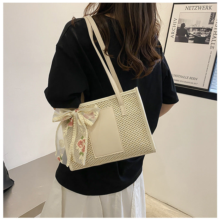 # Stylish Color-Blocked Straw Tote Shoulder Bag