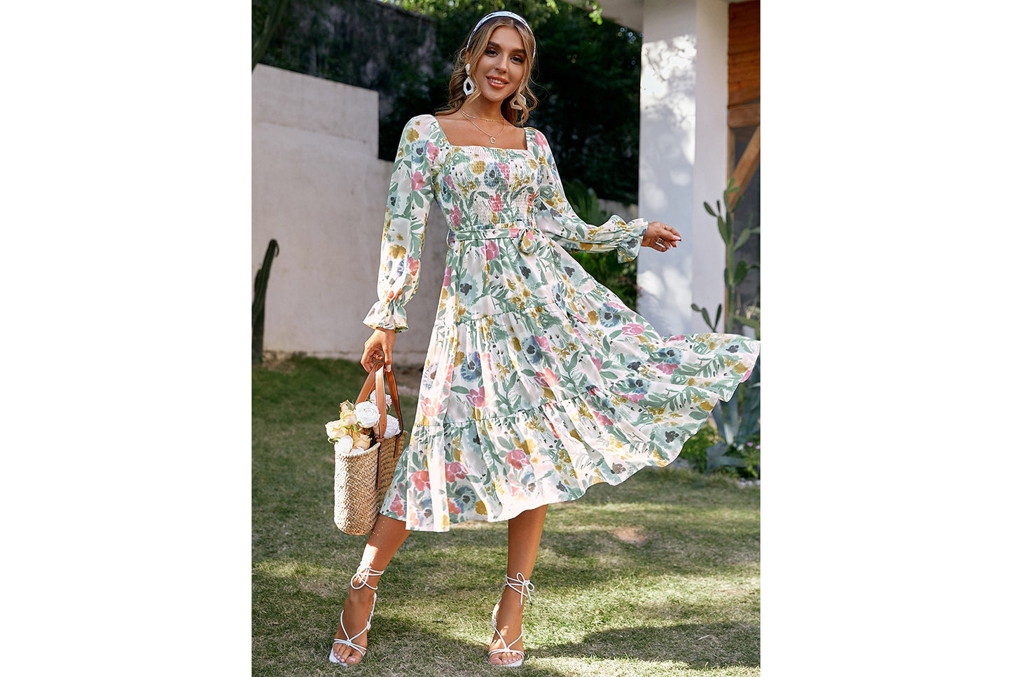 **Flare Long Sleeve High-Waisted Loose-Fit Maxi Dress**