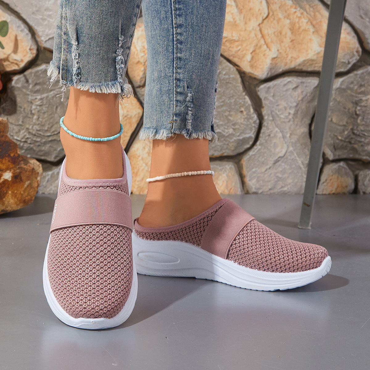 Breathable Mesh Flyknit Women's Shoes, Flat Heel Slip-on Muffins