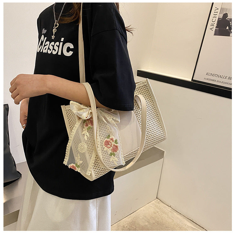 # Stylish Color-Blocked Straw Tote Shoulder Bag