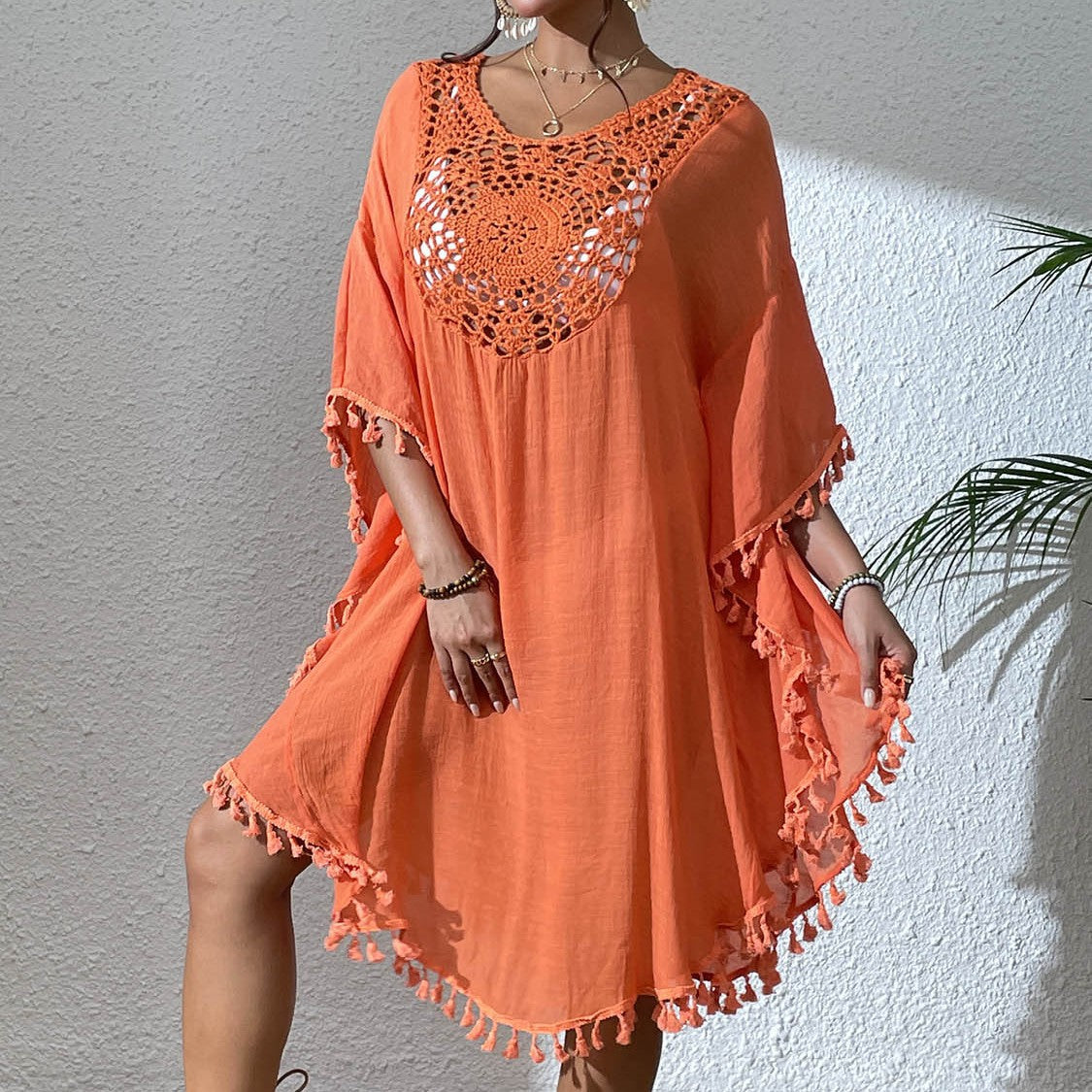 # Crochet-Patterned Tassel Beach Cover-Up