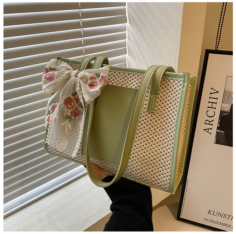 # Stylish Color-Blocked Straw Tote Shoulder Bag
