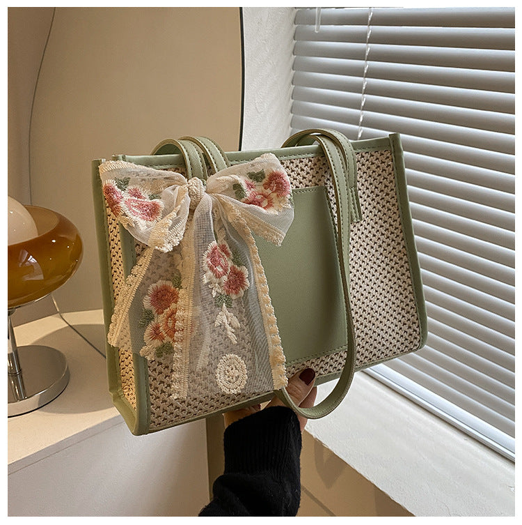 # Stylish Color-Blocked Straw Tote Shoulder Bag