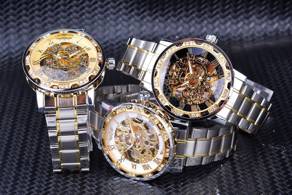 Stylish Casual Skeletonized Rhinestone Men's Mechanical Watch