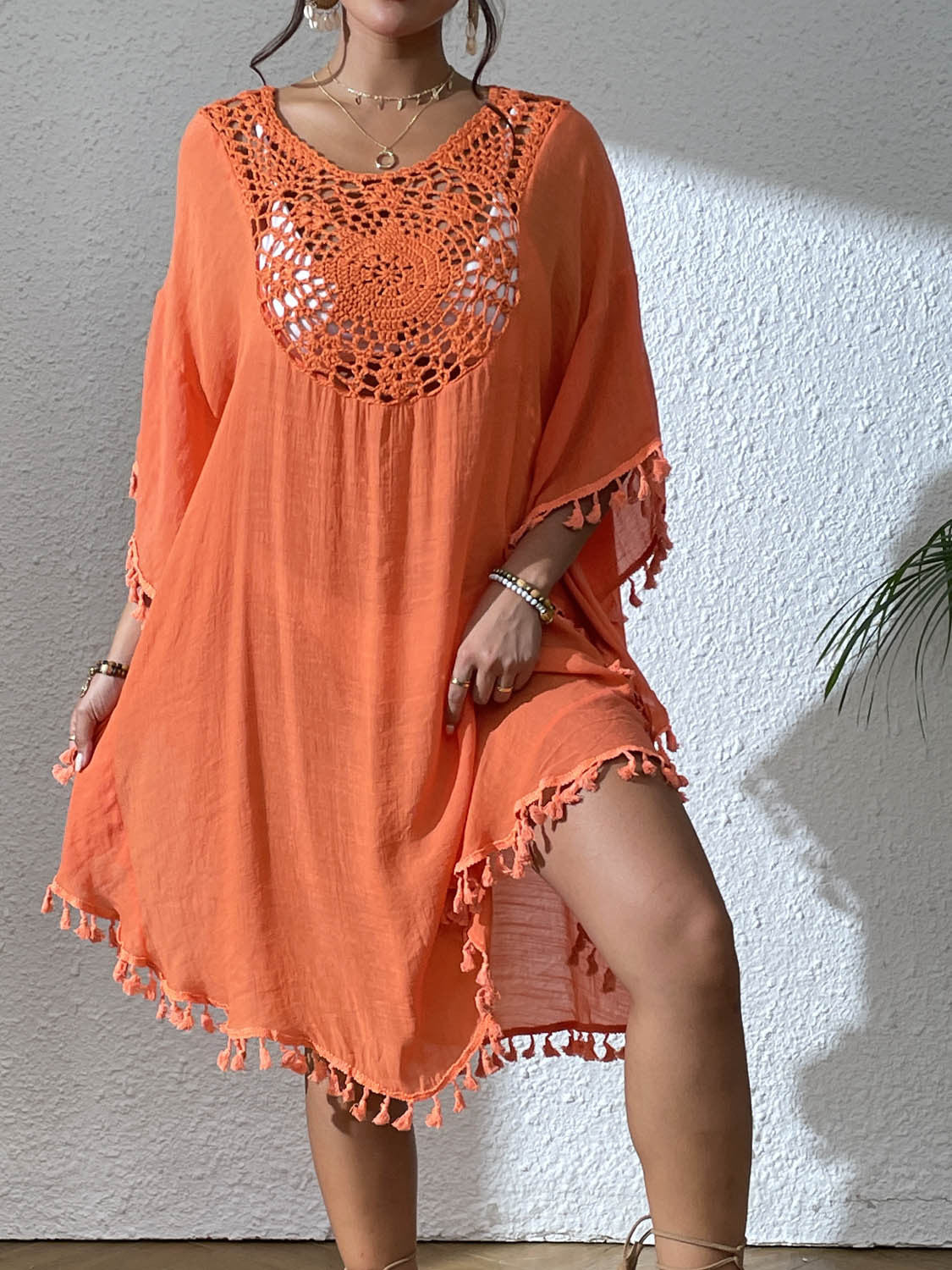 # Crochet-Patterned Tassel Beach Cover-Up