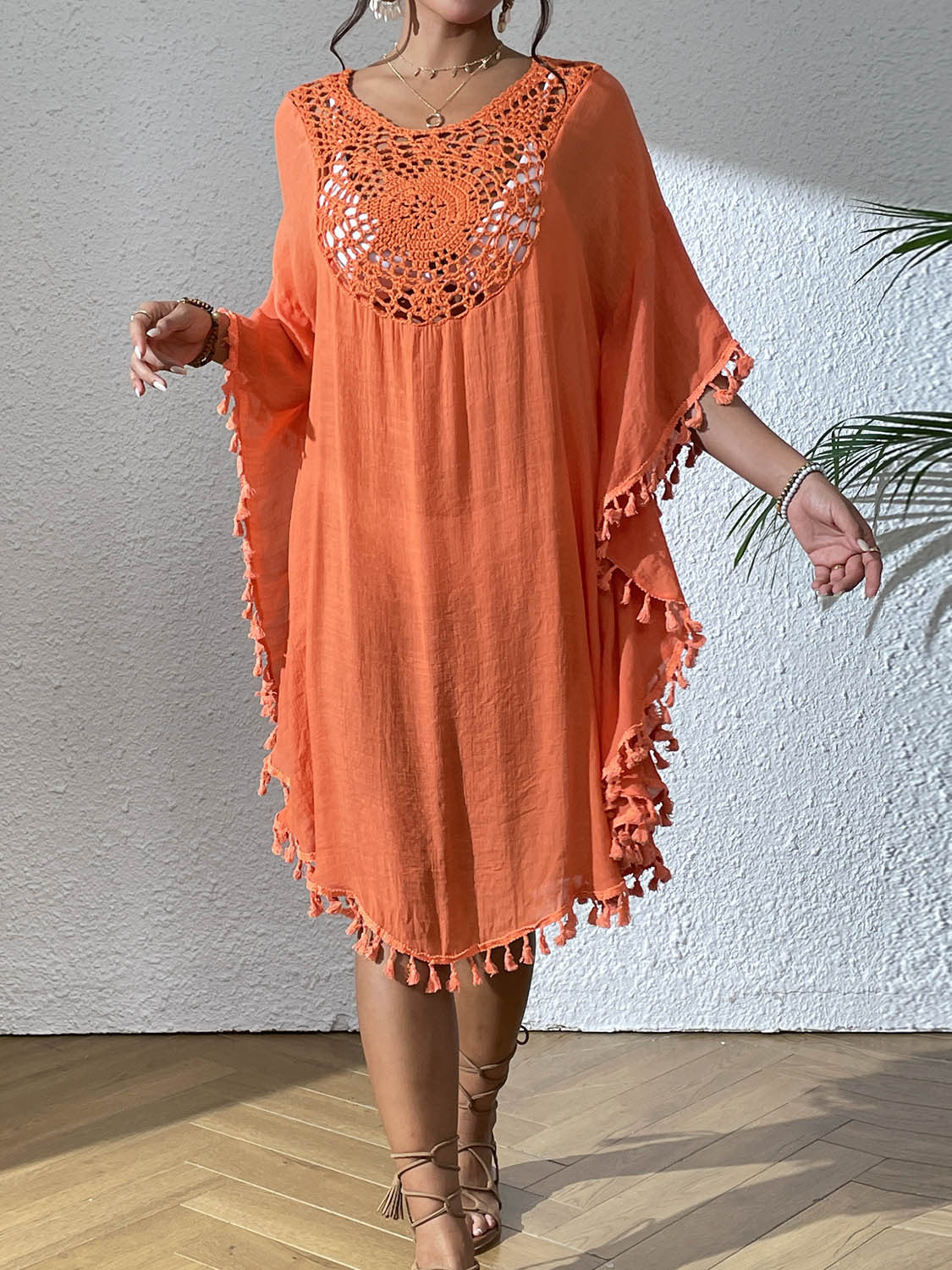 # Crochet-Patterned Tassel Beach Cover-Up