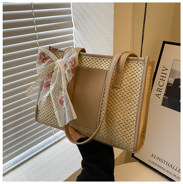 # Stylish Color-Blocked Straw Tote Shoulder Bag