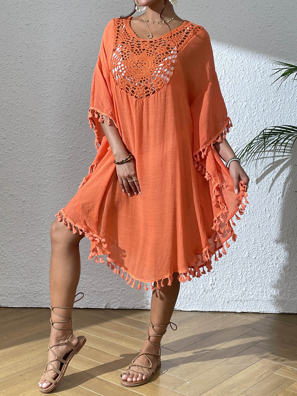 # Crochet-Patterned Tassel Beach Cover-Up