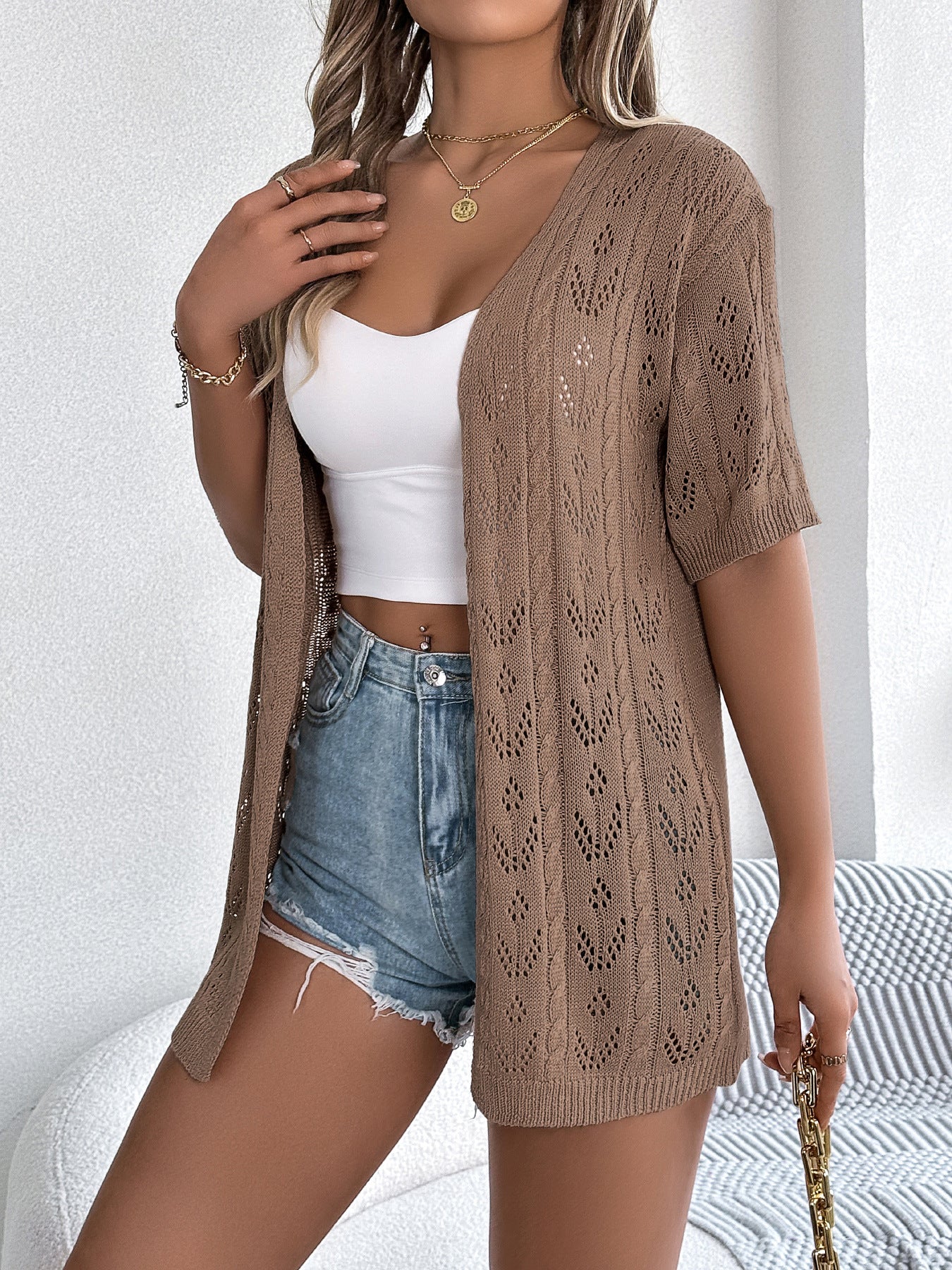 # Hollow-out Short-sleeved Knit Cardigan for Vacation Sun Protection