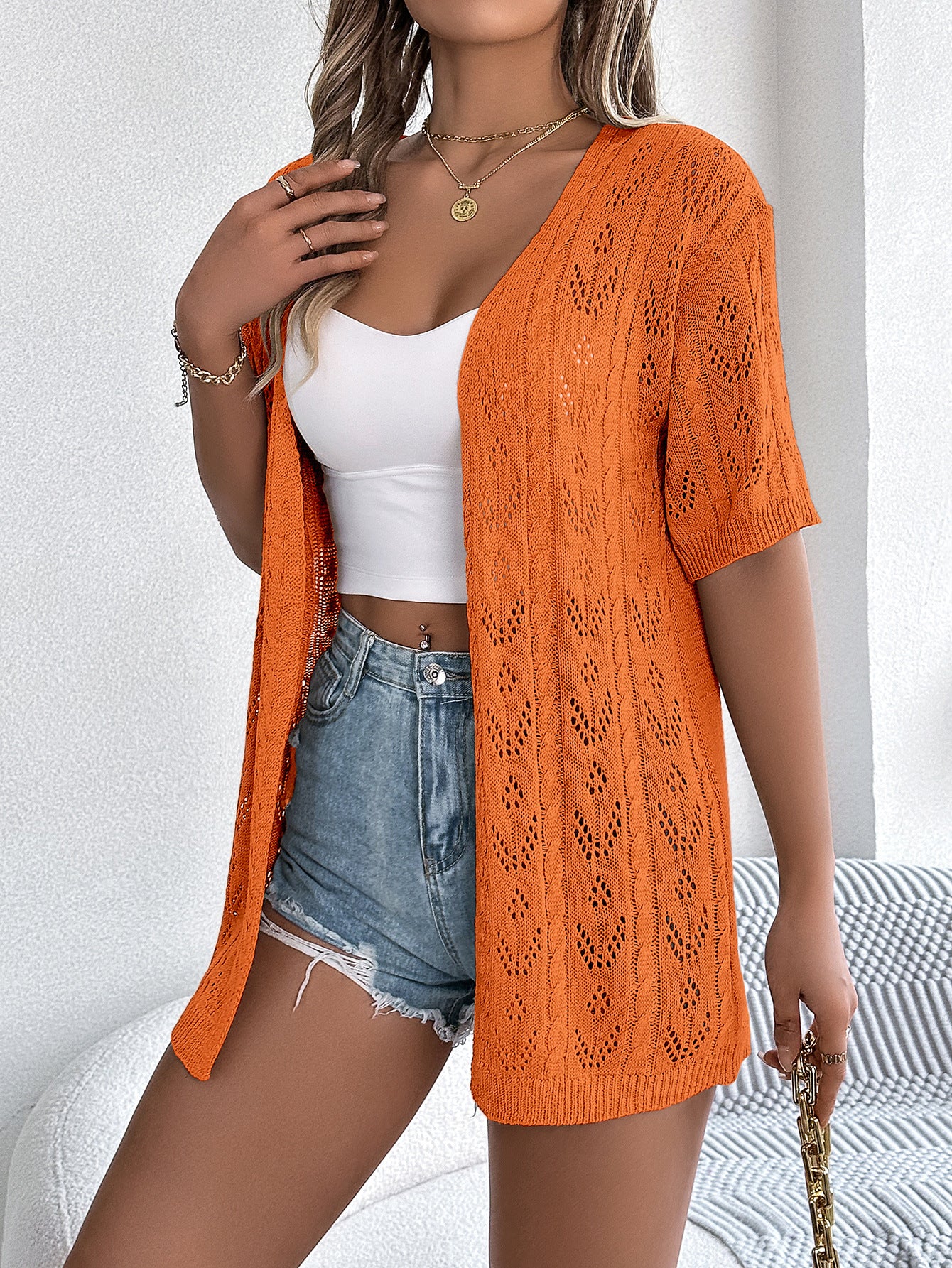 # Hollow-out Short-sleeved Knit Cardigan for Vacation Sun Protection