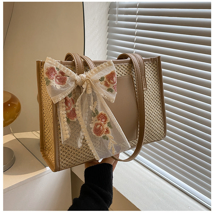 # Stylish Color-Blocked Straw Tote Shoulder Bag