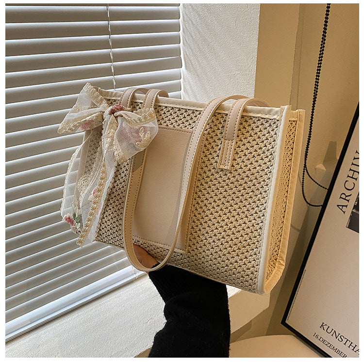 # Stylish Color-Blocked Straw Tote Shoulder Bag
