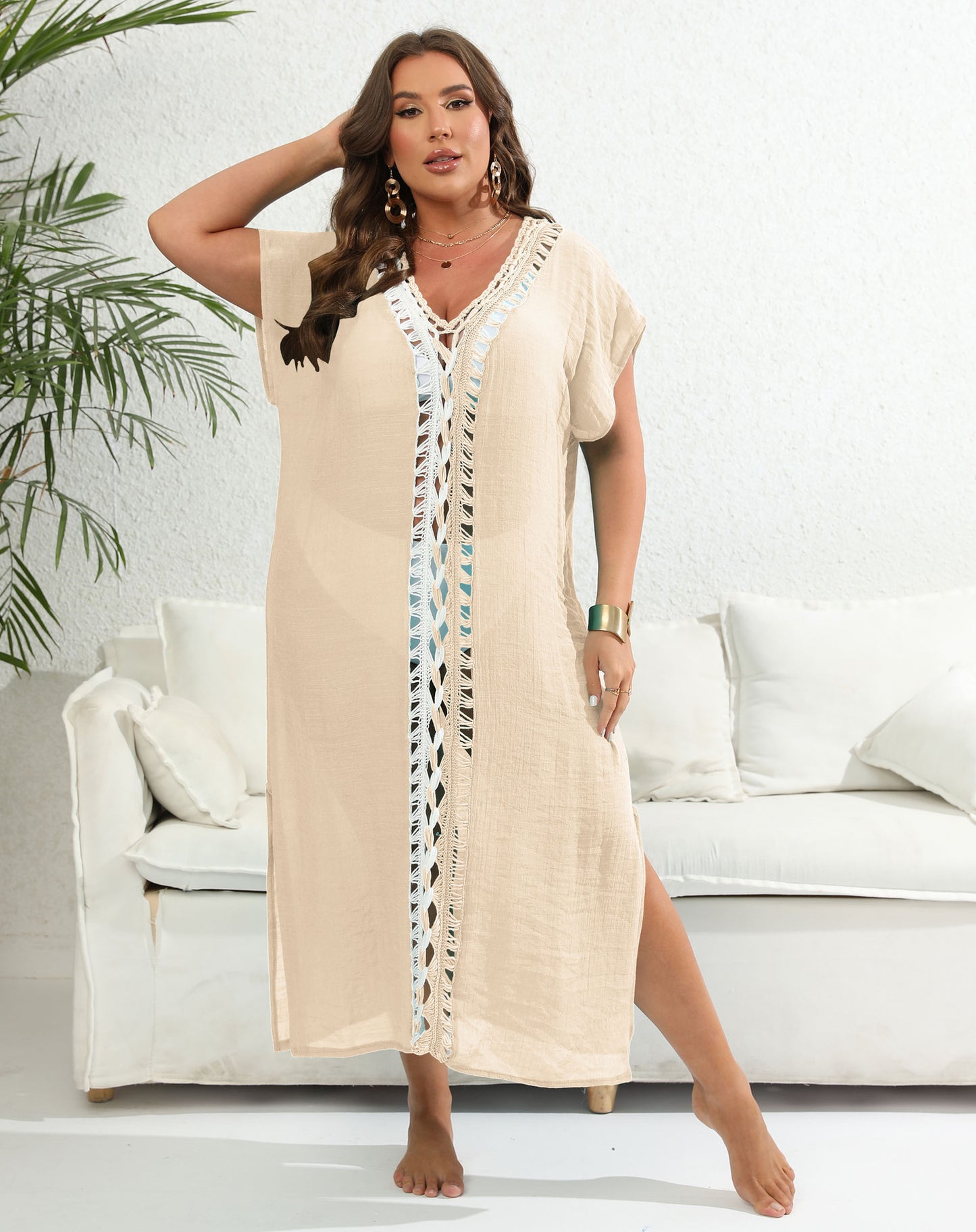 # Deep V-neck, Slit, Color-blocked Beach Maxi Dress