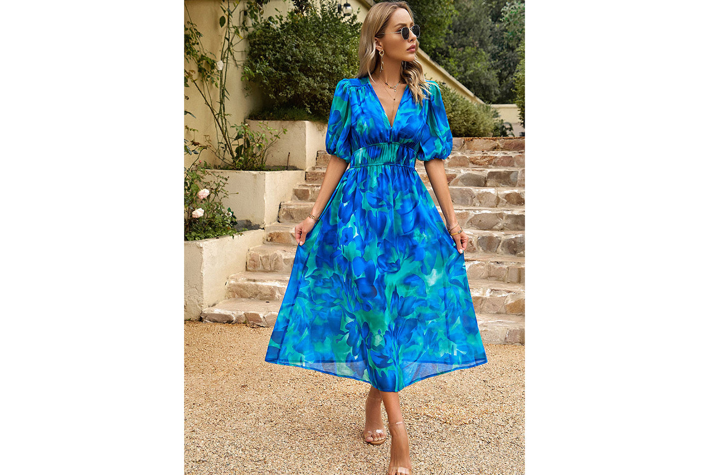 **Elegant Chiffon Printed Dress with a Waist Fit and V-Neck**