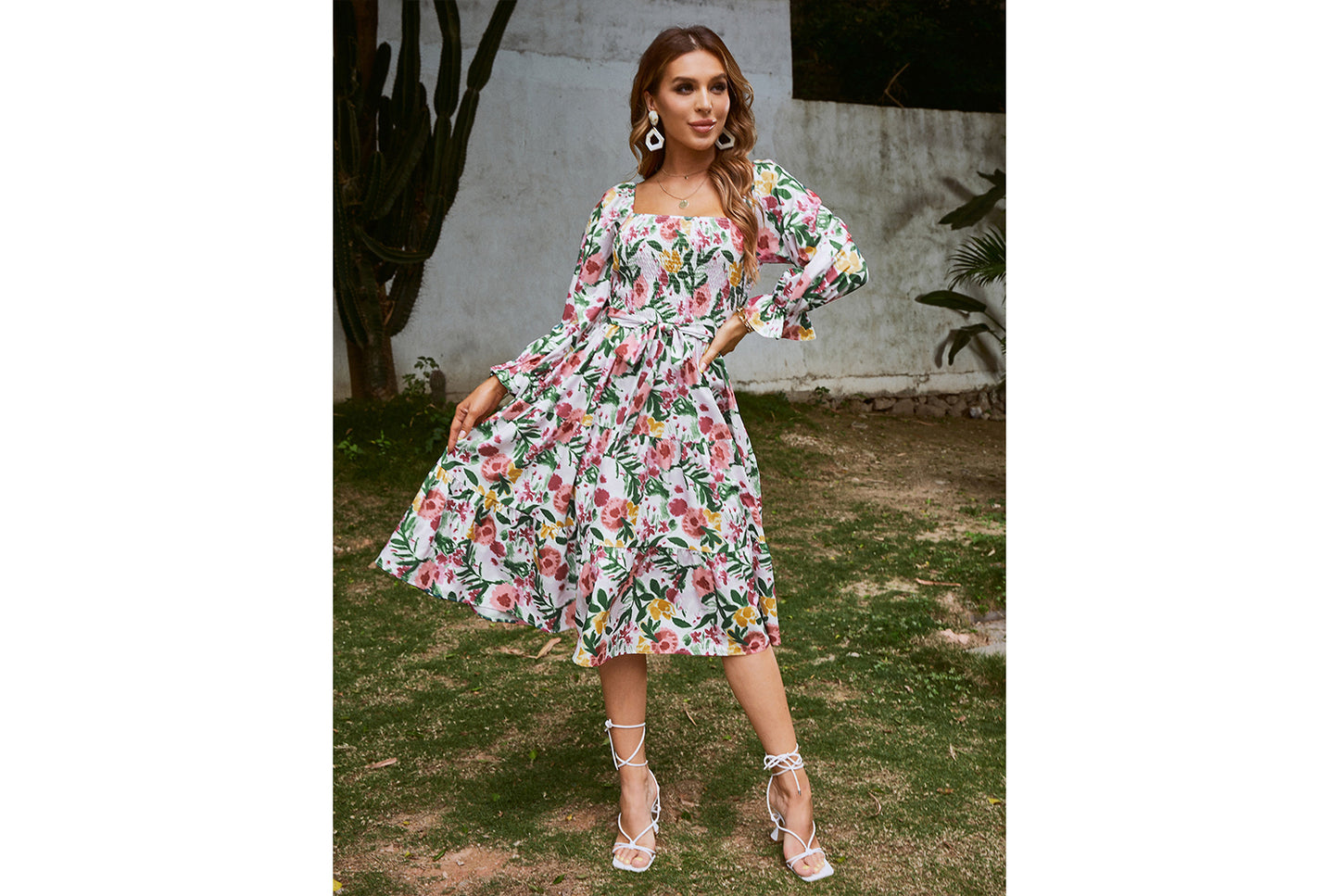 **Flare Long Sleeve High-Waisted Loose-Fit Maxi Dress**