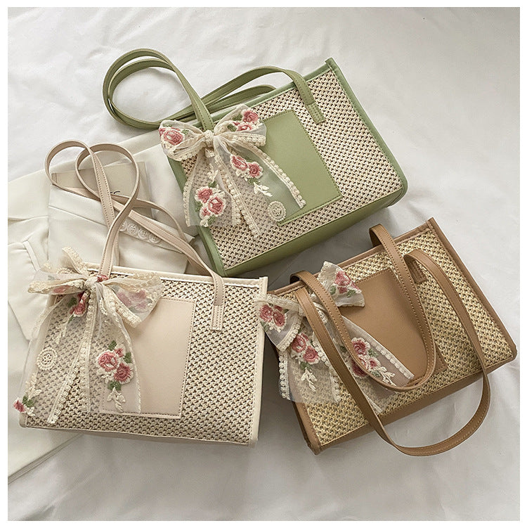 # Stylish Color-Blocked Straw Tote Shoulder Bag