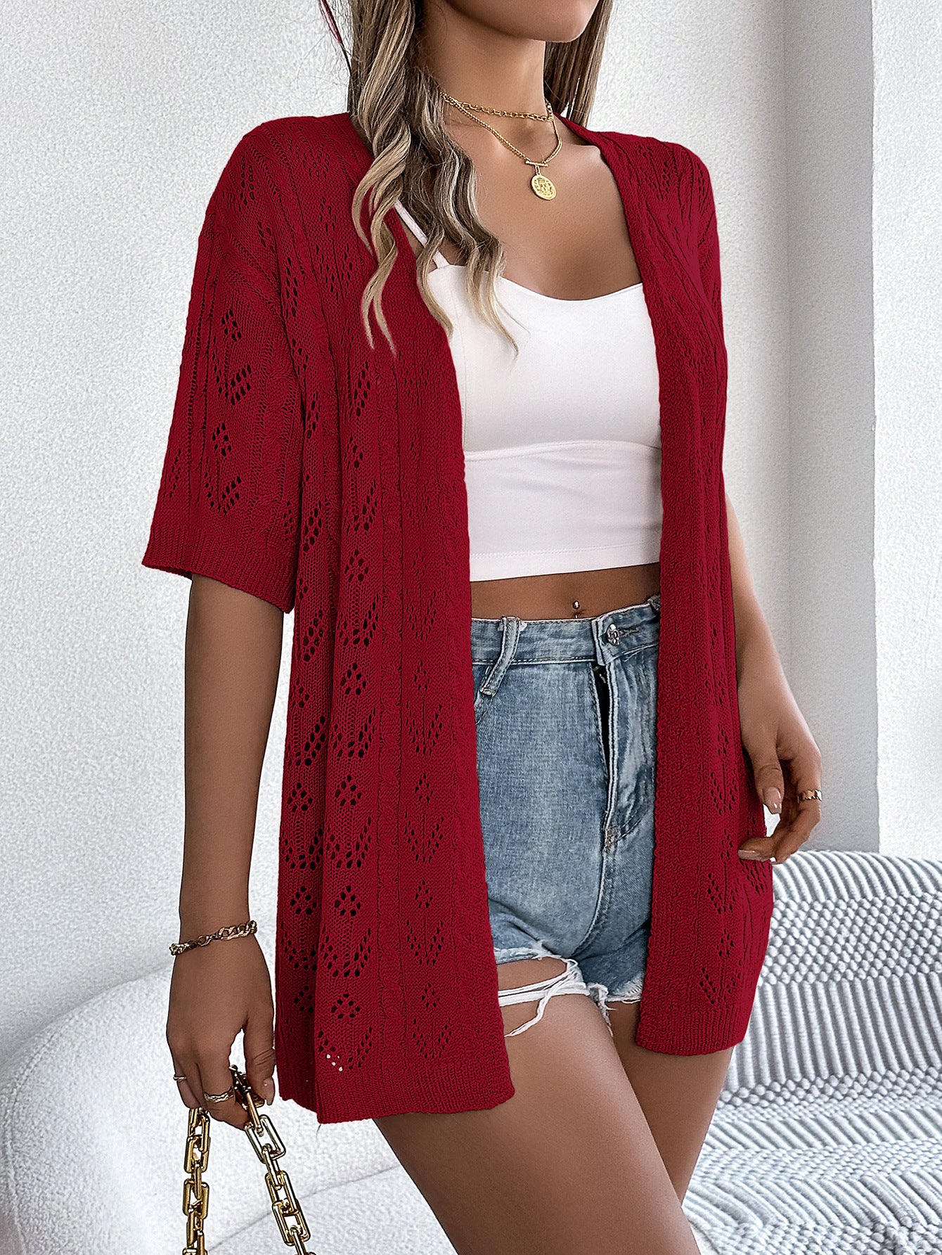 # Hollow-out Short-sleeved Knit Cardigan for Vacation Sun Protection