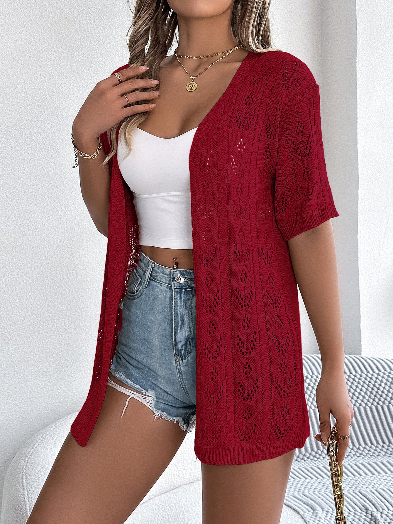 # Hollow-out Short-sleeved Knit Cardigan for Vacation Sun Protection