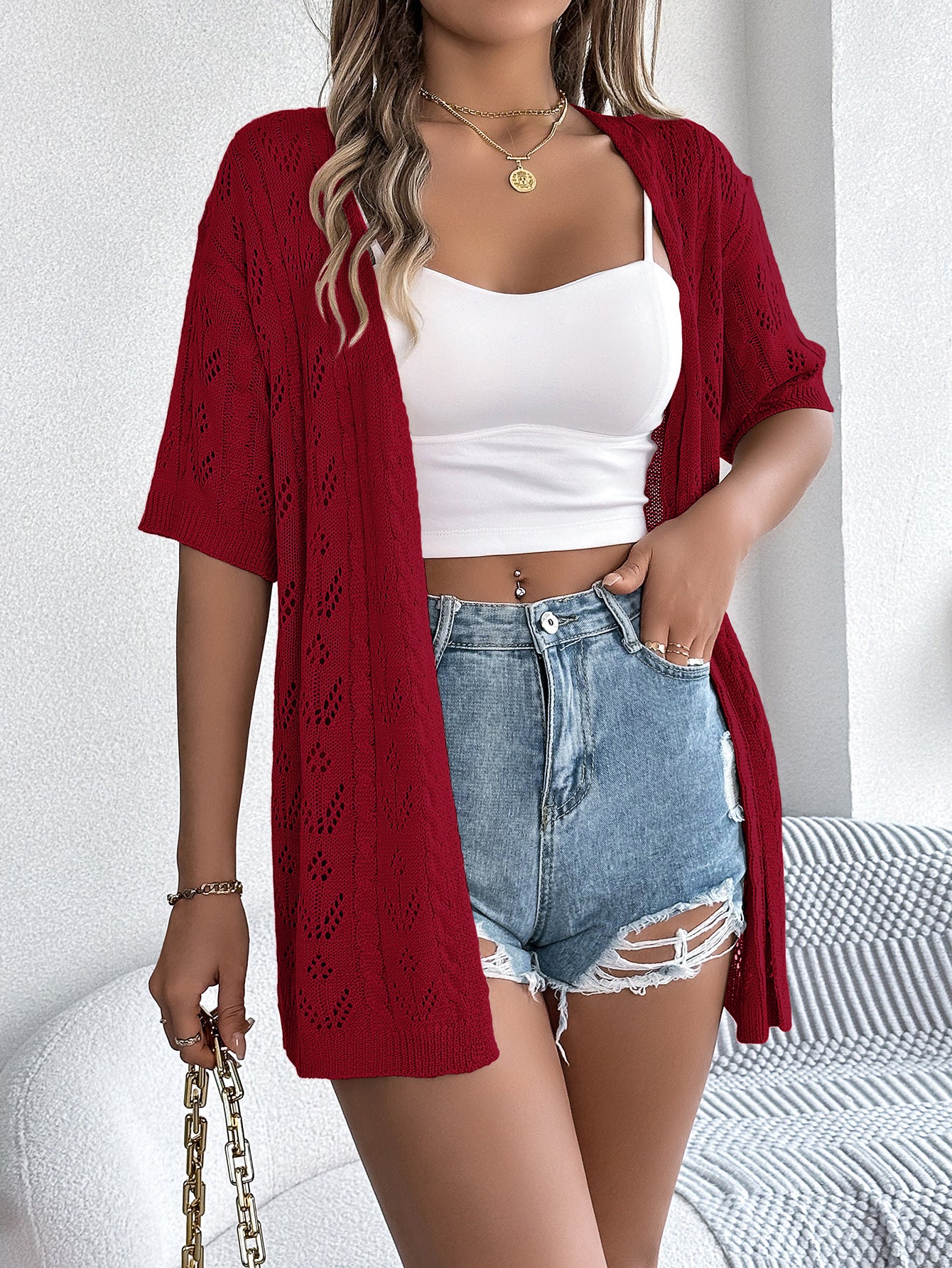 # Hollow-out Short-sleeved Knit Cardigan for Vacation Sun Protection