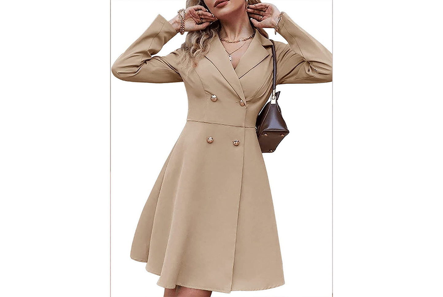 **Solid Color Double-Breasted Long-Sleeved Slim-Fit Trench Coat**