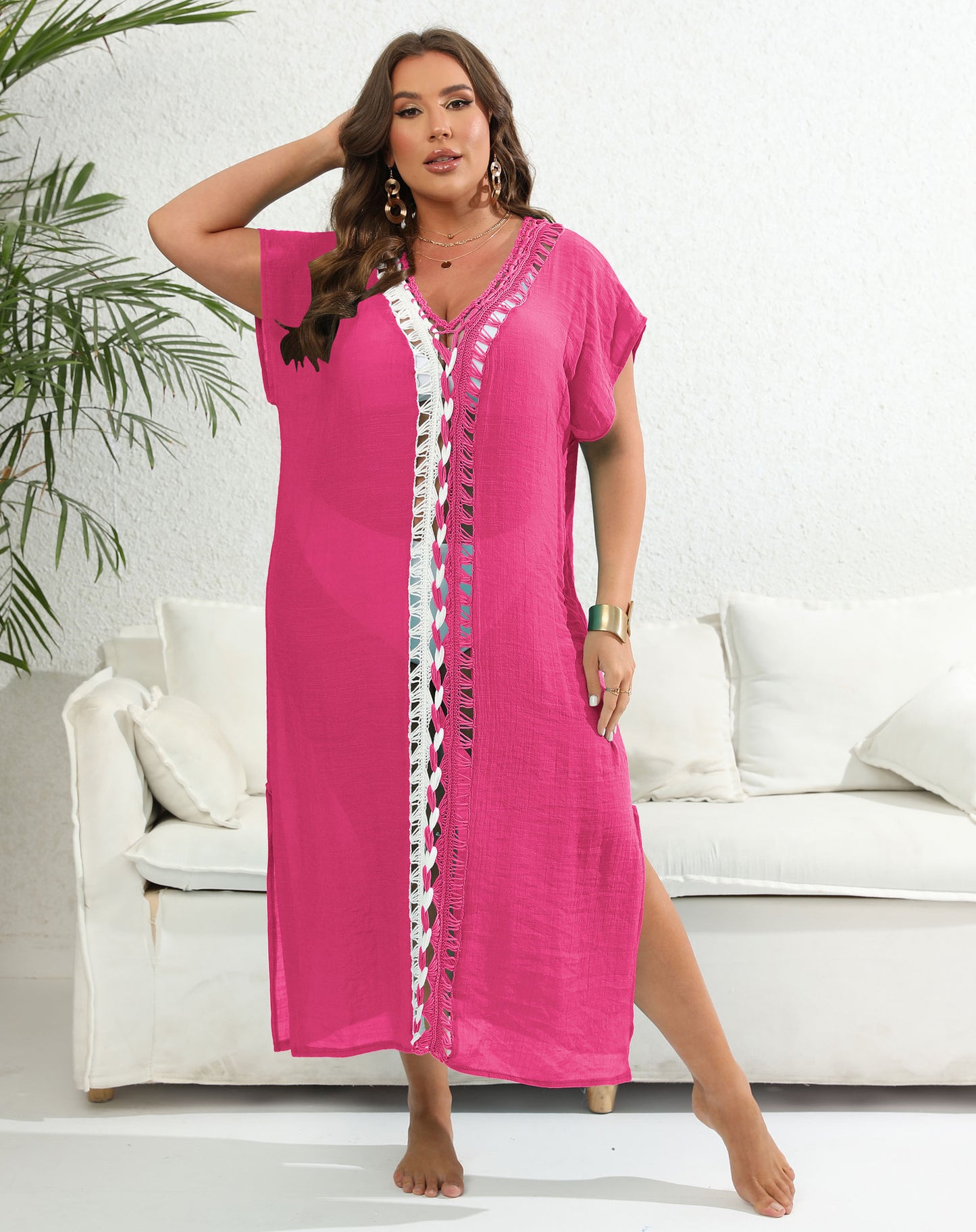 # Deep V-neck, Slit, Color-blocked Beach Maxi Dress