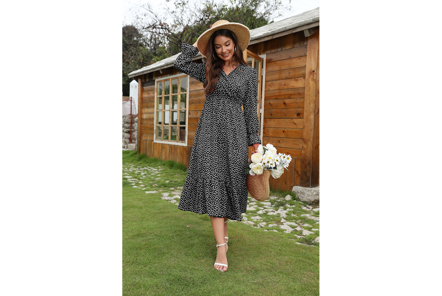 **Polka Dot Print Elegant V-Neck Resort Dress**