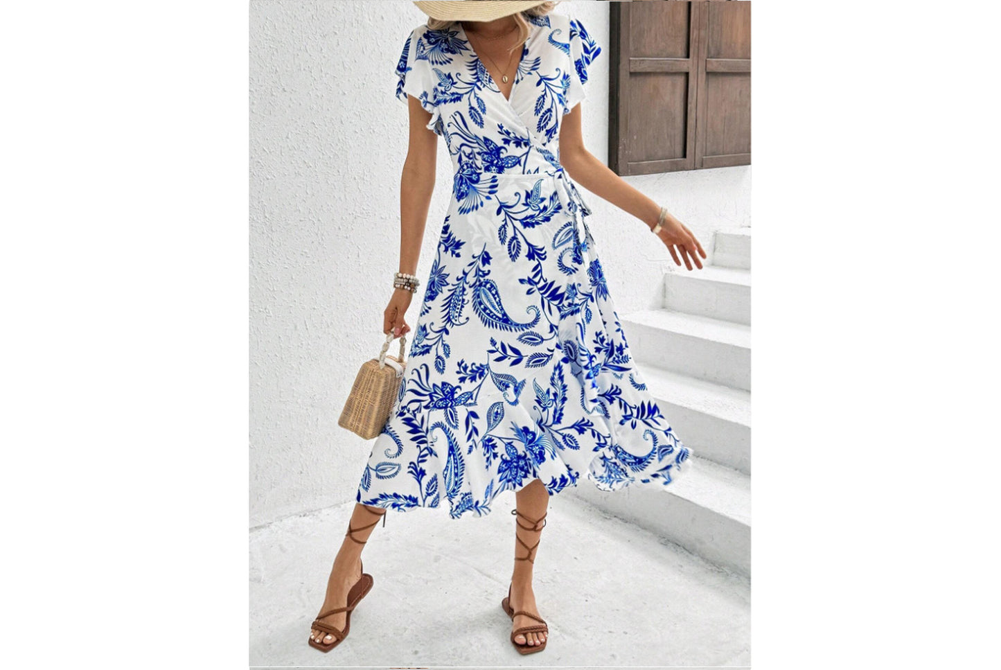 **Printed Ruffle Short-Sleeve Tie-Dress**