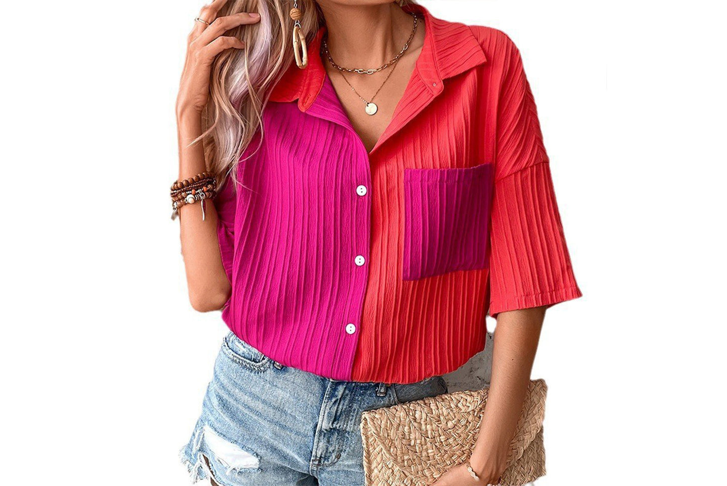 **Patchwork Short-Sleeve Casual Women's Shirt**