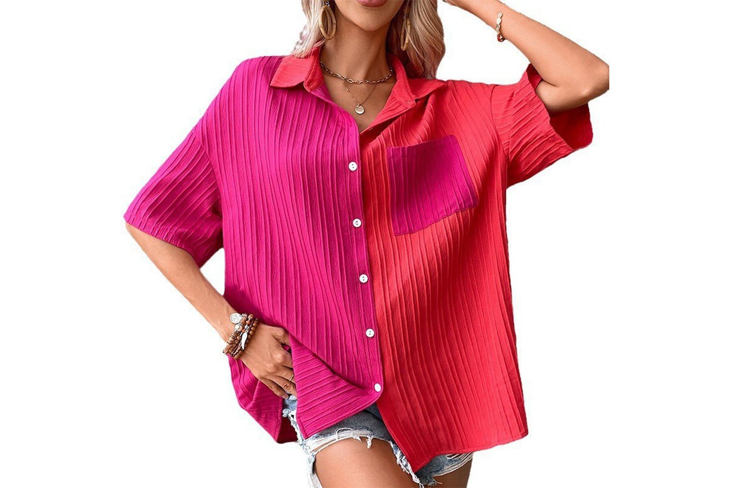 **Patchwork Short-Sleeve Casual Women's Shirt**