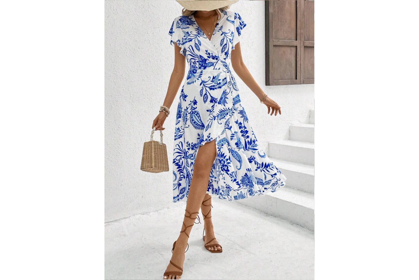 **Printed Ruffle Short-Sleeve Tie-Dress**
